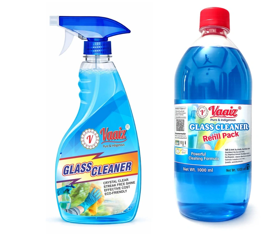 Vaaiz Glass Cleaner 470ml Spray with 1L Refill Pack | Streak Free Glass Cleaning Liquid | Mirror, Window, Car Windshield Cleaner | Quick Dry & Shine Formula