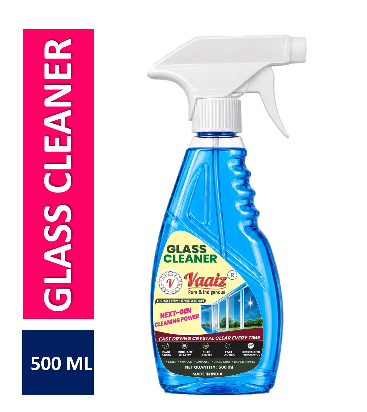 Vaaiz Glass Cleaner & Household Cleaner with Three Position Spray Nozzel for Less Wastage More Coverage, All-Purpose Glass Cleaner for Car, Kitchen and Home Surfaces Pack of 1