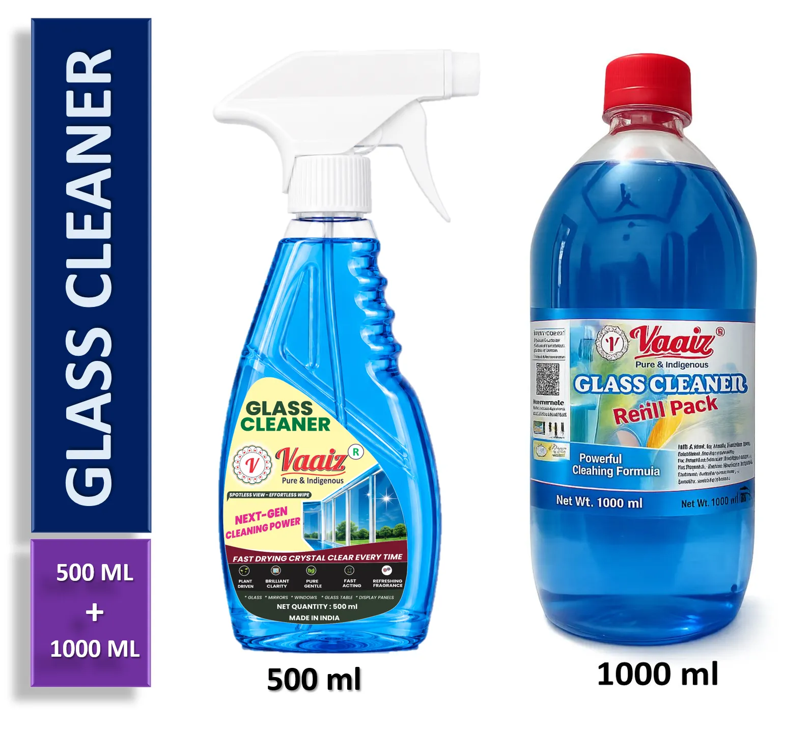 Vaaiz Glass Cleaner 470ml Spray with 1L Refill Pack | Streak Free Glass Cleaning Liquid | Mirror, Window, Car Windshield Cleaner | Quick Dry & Shine Formula