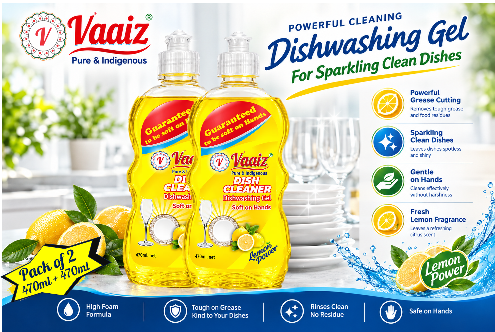 Vaaiz Dish Wash Gel | Concentrated Liquid Dishwashing Gel with Lemon Freshness | Tough on Grease, Gentle on Hands | Sparkling Clean Utensils | 470ml